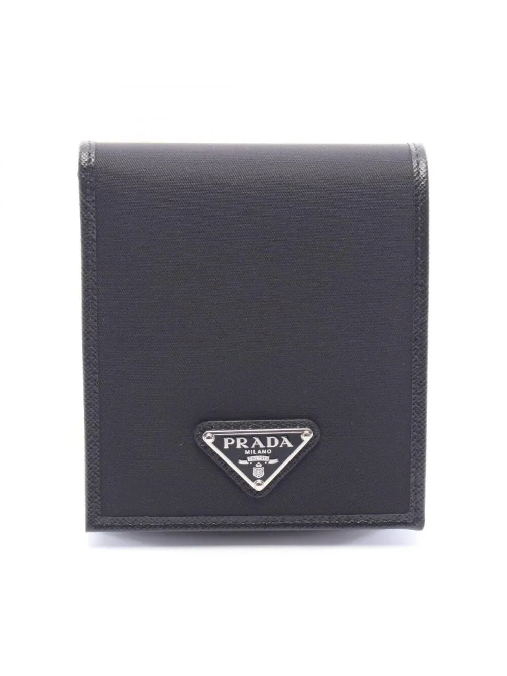 Prada Bifold Wallet Sasaffiano Metal Black Nylon Saffiano Leather Triangle Logo
